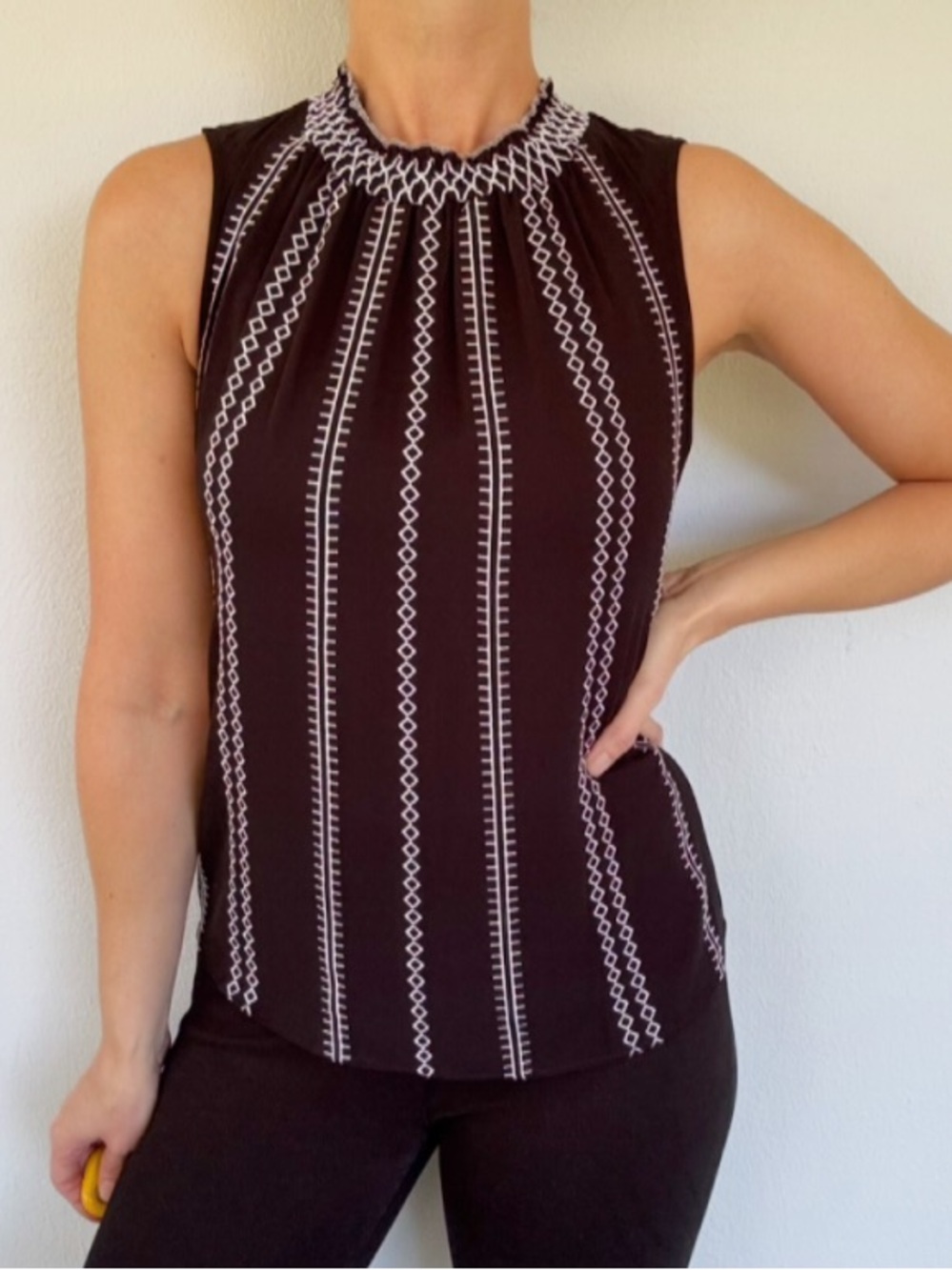 White House Black Market black white high neck embroidered blouse size small